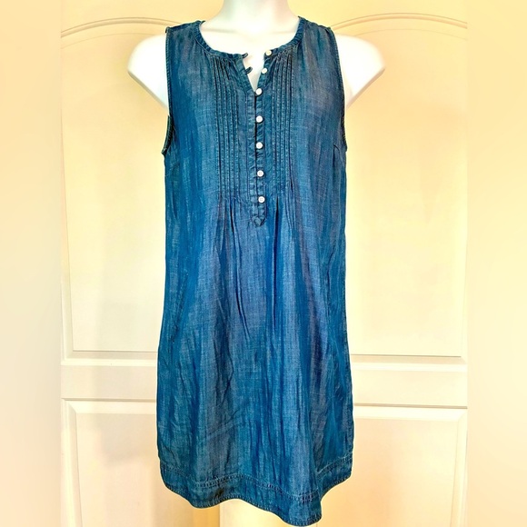 Talbots Petite Pintucked Tencel Chambray Button Front Sleeveless Shift Dress 12P - Picture 1 of 8